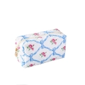 Floral quilted makeup bag with pink roses and blue ribbons on white fabric - Rose with Blue Ribbon / Blue Bow