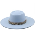 Classic light blue wide brim felt boater hat with a colorful woven patterned band - M (56-58cm) / Sky Blue