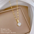 Gold plated titanium steel necklace with round cubic zirconia pendant on silk - F313 Titanium Steel Chain Copper Pendant / Gold