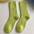 Japanese style neon yellow ribbed wool blend crew socks with elastic cuff for winter - One Size / Bright yellow