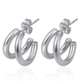 Modern dual-layer C-shaped silver stainless steel stud earrings in polished 18k gold finish - Silver