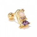 Gold flower piercing stud earring with white opal and purple pear-cut zircon crystals - Style 1425 / Gold