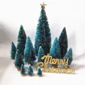 Miniature blue-green frosted Christmas trees set with gold Merry Christmas sign and wood bases - Set 9 - 14PCS