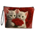 Cosmetic bag featuring two grey kittens holding red roses with a heart-shaped wreath print - Red Flower Double Cats Style (xy-067-3) / 25*17cm With Strap
