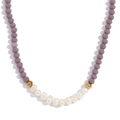 Handmade beaded necklace featuring purple faceted crystals and white freshwater pearls - Lotus Purple Jade-like