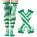 Detail of green and white striped clover over-knee socks and matching arm warmers set - Gloves And Socks / Striped Four-Leaf Clover Style (4#)