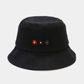 Detailed close-up of three small flower embroideries on black cotton bucket hat - M (56-58cm) / Black
