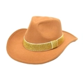 Gros plan d'un chapeau de cowboy en laine kaki avec ruban à paillettes dorées - M (56-58cm) / Chameau