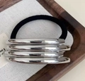 Minimalist silver-tone tiered U-shaped metal bar hair tie with black elastic band - Silver Round Tube