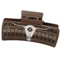 Close-up of brown PU leather claw clip with white bull skull and western geometric pattern - Dark Coffee PU Bull Head