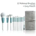 Set of 12 soft makeup brushes with blue-grey bristles and a grey portable pouch - 12 Brushes + Grey Wrap Bag / Blue