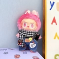Pink plush plush doll in denim overalls and black t-shirt with checkered scarf accessory - Happy Pizza In Black / First And Second Generation Keychains Are Compatible With La Cloth Dolls. Dolls Not Included.