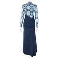 Detail of light blue printed mesh bodice and dark blue slim fit knit dress texture - S / Blue Patchwork