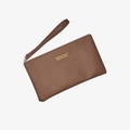 Slim brown PU leather long wallet with wrist strap and zipper closure on white background - Brown
