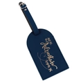 Detailed close-up of blue PU leather luggage tag with gold adventure typography and metal buckle - Navy Blue