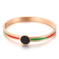Rose gold plated titanium steel bangle with black resin inlay and red-green stripes - Rose Gold Red Green Black Round Style (KB117432-KSP)