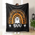 Coperta di Halloween con fantasma, arcobaleno leopardato e zucca su flanella nera - Stile BOO Fantasma Arcobaleno Leopardo Nero (71033-25)