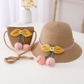 Kids straw hat and crossbody bag set with cherry decoration for summer sun protection - Kids 54cm / Hat + Bag Set / Brown