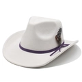 Detail of white suede cowboy hat with purple band and spotted feather decoration - M (56-59cm) / Cream
