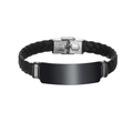 Men's black braided leather bracelet with rectangular black plaque and steel clasp - KZ101-Leather-Black