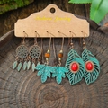 3-pair bohemian vintage bronze earring set with feathers, leaves, and red stones - Dreamcatcher Maple Leaf Red Large Leaf Style (HQEF-1756)