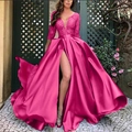 Robe de soirée fuchsia à manches longues avec corsage à paillettes et fente en satin - 2XL / Rose rouge