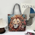 Ethnic 3D embroidery canvas tote bag with lion and floral tapestry pattern - Lion