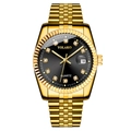 Detailed close-up of a gold steel watch with a black dial and sparkling diamond markers - Large Gold Black Dial