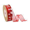 Red organza ribbon with white heart print on kraft paper roll for gift wrapping - Style 8-Red Semi-Transparent Chiffon White Heart-15mmx10m