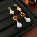 Pendientes vintage con perlas y gemas rojas y azules en estilo de gota larga - Pendientes (Pin de Plata 925 Oro Multicolor)