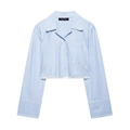 Women's light blue striped cropped shirt with lace hem detail on white background - XS / Blue Top