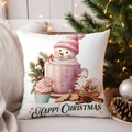 Christmas pillowcase with snowman and pink treats, soft white square cushion cover - TQYM72-16 (Happy Christmas)