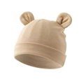 Close-up of khaki infant knit hat with cute 3D ears and soft ribbed cotton texture - Khaki (Large Ear)