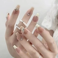 Long trapezoid French press-on nails with nude pink base, pearls, and rhinestones - Pink White Black French Elegant Style (BY93) / Glue Type