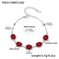 Stainless steel bracelet with oval red glass stones and adjustable chain length - Steel Bracelet - Red Glass Stone