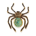 Dettaglio della spilla a ragno vintage con cristalli neri e turchesi su placcatura oro - Stile Ragno Strass Neri Base Oro (xz4210D)