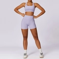 Set yoga senza cuciture color lavanda con shorts a vita alta e reggiseno sportivo - Viola romantico-Completo pantaloncini
