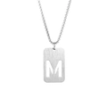 Detailed macro view of silver steel rectangle pendant with hollow M letter and box chain - Letter M