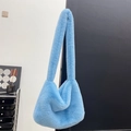 Y2K style sky blue faux fur shoulder bag with soft plush texture for women - Blue