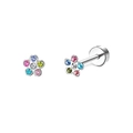 Detailed macro view of silver flower labret stud with colorful zircon crystal stones - Multi-color Plum Blossom