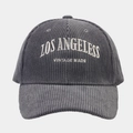 Close-up of white LOS ANGELES letter embroidery on gray corduroy baseball cap - Adjustable / Gray
