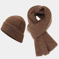 Winter two-piece set featuring thick striped knit beanie hat and scarf in brown mixed color - Dark Brown
