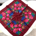 Detailed view of red floral cotton scarf with Russian folk style rose patterns - 70x70cm / Brown Red