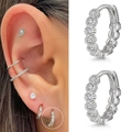 Silver huggie earrings with cubic zirconia row for a minimalist piercing style - CC043-3 / Platinum+8mm