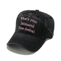 Close-up of pink 'Estimated Time Arrival' embroidery on washed grey denim baseball cap - M (56-58cm) / Black