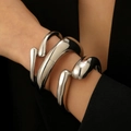 Chunky silver spring open bangle with liquid metal wave design for modern women - Wrapped Wide Bangle (21) / Set of 3 / Bright Silver