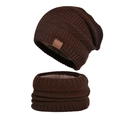 Deep brown knitted hat and neck warmer set with warm fleece lining for winter sport - 2-Piece Set (Hat + Scarf) / Coffee