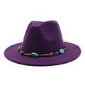Close-up of purple wool fedora hat featuring bohemian turquoise stone hatband decoration - M (56-58cm) / Purple