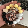 Silicone bead wristlet keychain with pink leopard tassel and marble pattern beads detail - Leopard Print