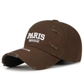 Distressed dark brown baseball cap with white Paris embroidery and worn-out details - Adjustable / Dark Coffee